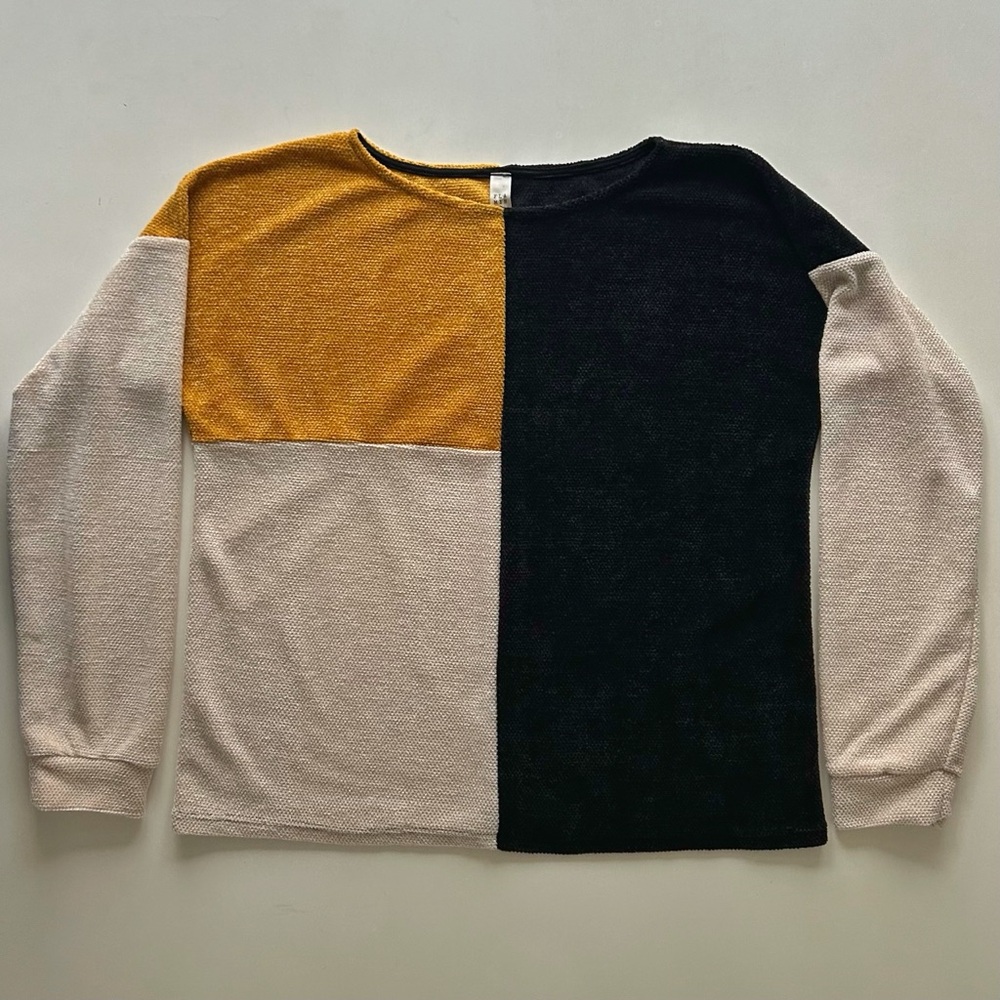 Flamingo Mustard Black Cream Colorblock Knit Sweater Long Sleeve Size S